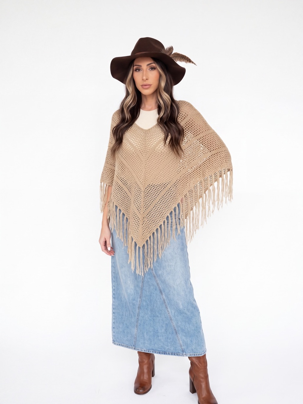Vintage The Original Arizona Jean Co. Boho Crochet Knit Fringe Poncho Tan Fall